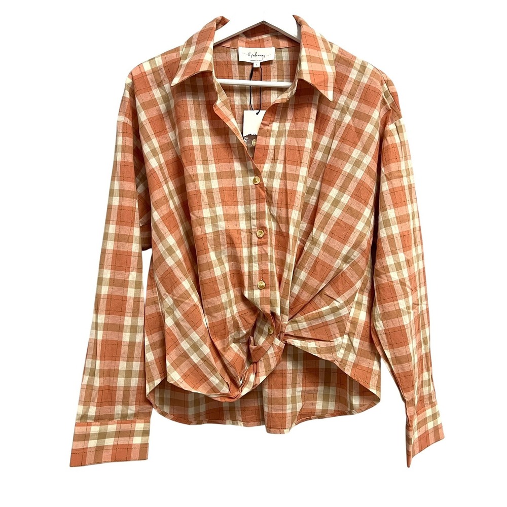 In February Shirt Womens Large Orange Plaid Button Front Twist Hem Cotton Top
